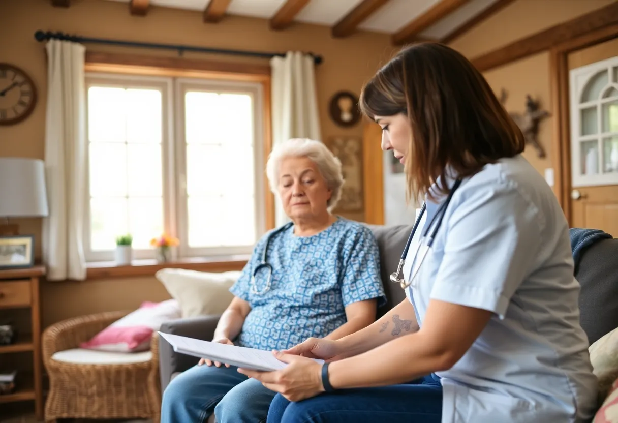 A case manager meeting with a rural accident survivor for support.