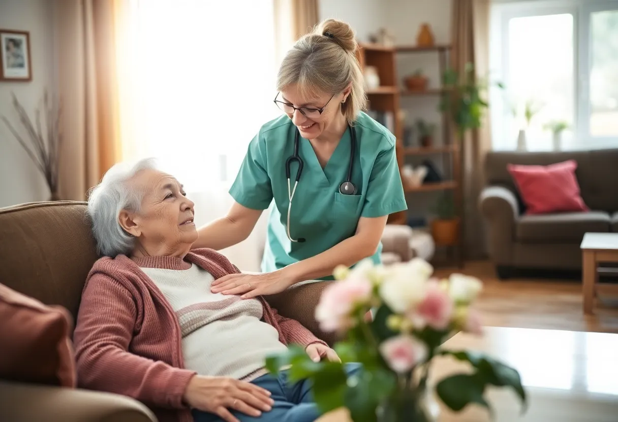 Caregiver supporting an elderly person in a bright living room